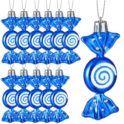 Threan 12 Weihnachtsbaum Süßigkeiten Christbaumschmuck Bonbon Glitzernde Hängende Weihnachtliche Süßigkeiten Ornamente Zuckerstangen Deko mit Goldenen Seilen(Blau,Plastik) von Threan