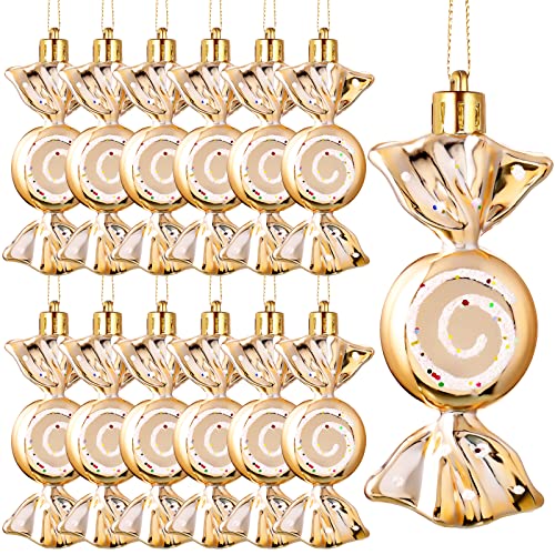 Threan 12 Weihnachtsbaum Süßigkeiten Christbaumschmuck Bonbon Glitzernde Hängende Weihnachtliche Süßigkeiten Ornamente Zuckerstangen Deko mit Goldenen Seilen(Champagner Gold,Plastik) von Threan