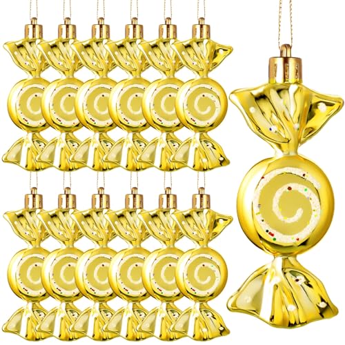 Threan 12 Weihnachtsbaum Süßigkeiten Christbaumschmuck Bonbon Glitzernde Hängende Weihnachtliche Süßigkeiten Ornamente Zuckerstangen Deko mit Goldenen Seilen (Gold) von Threan