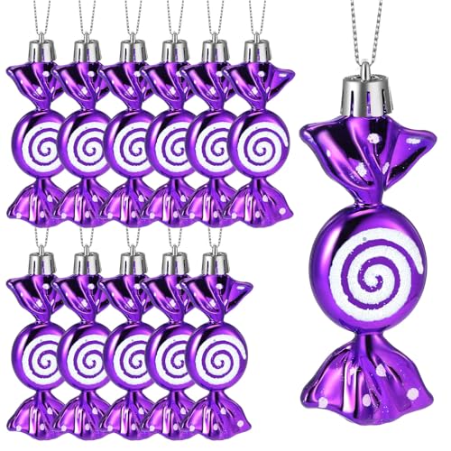 Threan 12 Weihnachtsbaum Süßigkeiten Christbaumschmuck Bonbon Glitzernde Hängende Weihnachtliche Süßigkeiten Ornamente Zuckerstangen Deko mit Goldenen Seilen(Lila,Plastik) von Threan