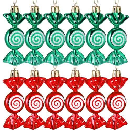 Threan 12 Weihnachtsbaum Süßigkeiten Christbaumschmuck Bonbon Glitzernde Hängende Weihnachtliche Süßigkeiten Ornamente Zuckerstangen Deko mit Goldenen Seilen(Rot, Grün,Plastik) von Threan