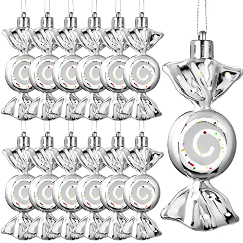 Threan 12 Weihnachtsbaum Süßigkeiten Christbaumschmuck Bonbon Glitzernde Hängende Weihnachtliche Süßigkeiten Ornamente Zuckerstangen Deko mit Goldenen Seilen(Silber,Plastik) von Threan