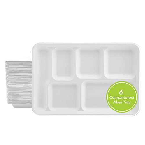 Three Leaf Bagasse-Teller mit 6 Fächern, 50 Stück, robust, natürlich, umweltfreundlich, Einweg-Teller, 100 % biologisch abbaubar, 6 Fächer von Three Leaf