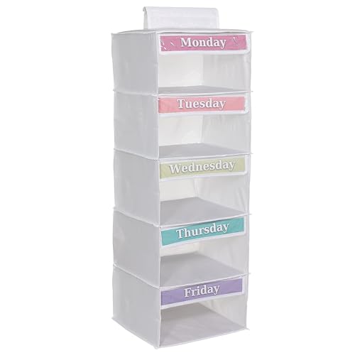 Three Sweet Peas Co Kleider-Organizer mit 5 Fächern für Montag bis Freitag, 84cm, Hängeaufbewahrung für Schulkleidung, Trennung der Kleidung für Jungen und Mädchen (mitgelieferte Beschriftung in von Three Sweet Peas Co