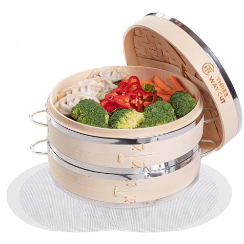 Dumpling Bambus-Dampfgarer, 25,4 cm, 2 Etagen, Holzkorb mit Griff, wiederverwendbarer Silikoneinsatz, Kit zum Kochen von Baby Bao Bun, Dim Sum, Reis Potsticker Dämpfen chinesischer asiatischer von Three Way Cut