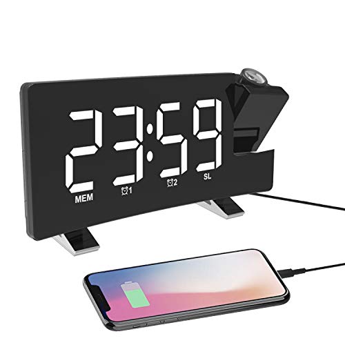 ThreeH Digitaler Projektionswecker UKW-Radiouhr mit USB-Ladegerät 2 Weckereinstellung 5'' großes Display Schlummerfunktion Weiß von ThreeH