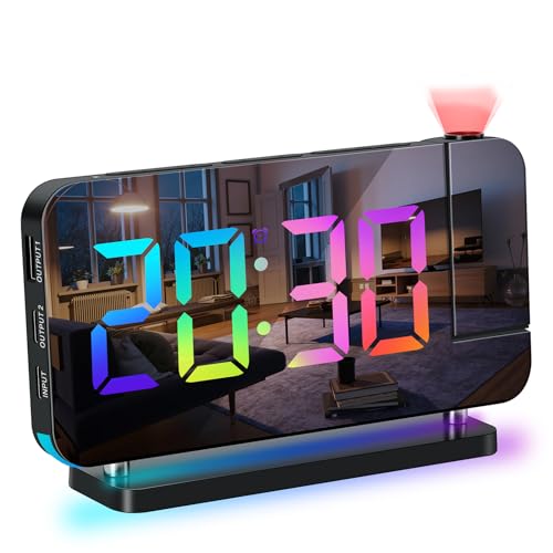 ThreeH Digitaler Regenbogenwecker Projektionswecker Großes LED Spiegel Display Buntes Nachtlicht Duale USB Ladeanschlüsse Snooze Funktion Dimmen Einstellbare Lautstärke Schwarz von ThreeH