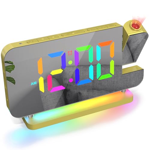 ThreeH Digitaler Regenbogenwecker Projektionswecker mit Buntem Nachtlicht Spiegeloberfläche für Makeup Dimmfunktion Schlummerfunktion Gold von ThreeH