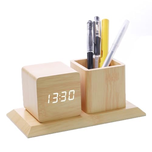 ThreeH Digitaler Wecker aus Holz Stiftehalter LED Zeitanzeige 3 Alarmeinstellungen Klangsteuerung Uhr mit 3 Helligkeitsstufen Gelb von ThreeH