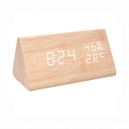 ThreeH Digitaler Wecker mit Elektronischem LED Display aus Holz 3 Alarmeinstellungen Luftfeuchtigkeits und Temperaturerkennung Helligkeit Einstellbar Gelb_Weiß von ThreeH