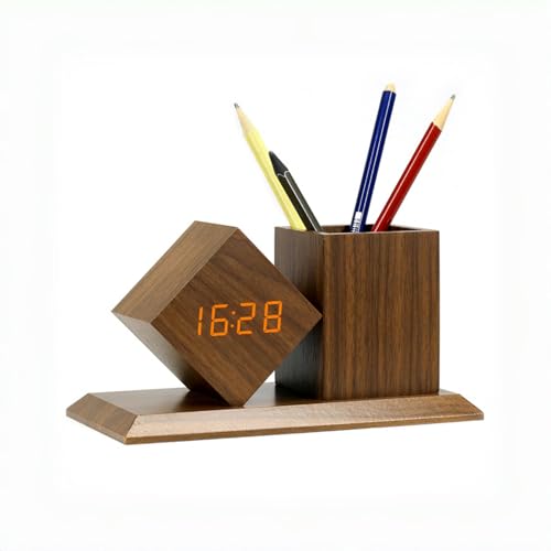 ThreeH Digitaler Wecker mit Stifthalter aus Holz Multifunktions Smart Clock Dimmbar 3 Alarmeinstellungen Temperaturanzeige für Büro Braun von ThreeH