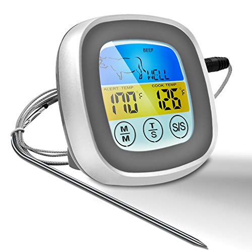 ThreeH Digitales Touchscreen-Lebensmittelthermometer Instant Read Fleischthermometer zum Grillen Backen Öl Fry Farbdisplay Timer Grau von ThreeH