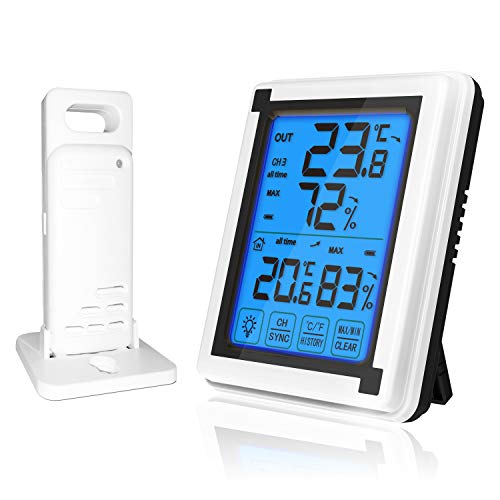 ThreeH Innen-Außenthermometer mit 1 Funksensor Temperatur-Feuchte-Monitor mit LCD-Baklight-Touchscreen für das Home Office (1 Sensor) von ThreeH