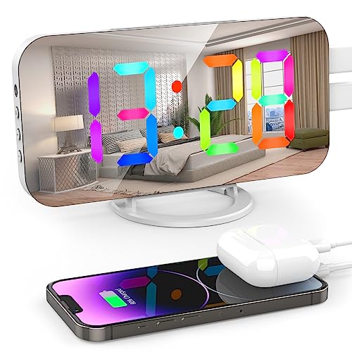 ThreeH LED Schreibtischuhr mit Dynamischem RGB Farbspiegel Wecker mit Zwei USB-Ladeanschlüssen 6 Helligkeitsstufen Home Office Dekoration Weiß von ThreeH