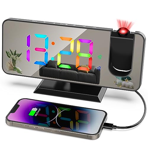ThreeH Projektions Wecker mit 11 RGB Farben Wechselnden LED Spiegel Display Digitaluhr mit USB Ladeanschluss Snooze Funktion 6 Helligkeitsstufen einstellbar Schwarz von ThreeH