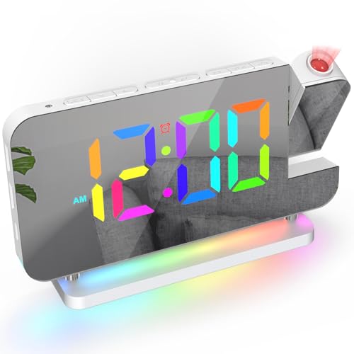 ThreeH Projektionswecker LED RGB Bunte Uhr mit Spiegeloberfläche Display Auto Dimming Voleme einstellbar Dual USB Ladeanschlüsse Nachtlicht Weiß von ThreeH