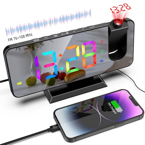 ThreeH Projektionswecker RGB Funkwecker an der Decke 180° drehbarer Projektor Digitaler farbenfroher Wecker für das Schlafzimmer USB Ladeanschluss Spiegelbildschirm Schwarz von ThreeH
