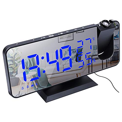 ThreeH Projektionswecker Radio Digitaler Wecker 4 Dimmer & 180° drehbar & 2 Töne 7,4'' großes Spiegeldisplay Schwarz-Blau von ThreeH