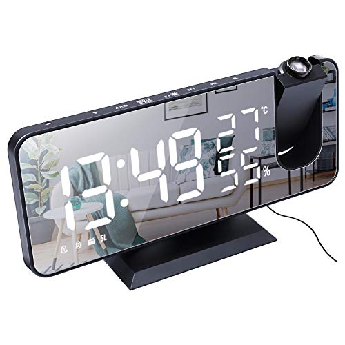 ThreeH Projektionswecker für Schlafzimmer Großes 7,4'' LED Spiegeldisplay & 4 Dimmer Radiowecker mit USB Aufladung 180° drehbar 2 Töne Schwarz-Weiß von ThreeH