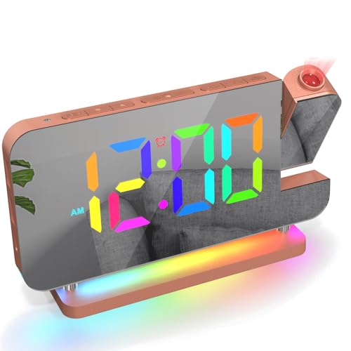 ThreeH RGB Wecker Digitaler Projektionswecker mit Regenbogen Nachtlicht USB&C Ladeanschlüsse Lautstärke einstellbar LED Spiegeluhr für Schlafzimmer Rose von ThreeH