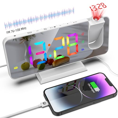 ThreeH Radiowecker mit Projektion Digital RGB Bunte Uhr für Schlafzimmer Dual Alarm USB-Ladeanschluss Snooze Großer Spiegel Bildschirm Display Weiß von ThreeH