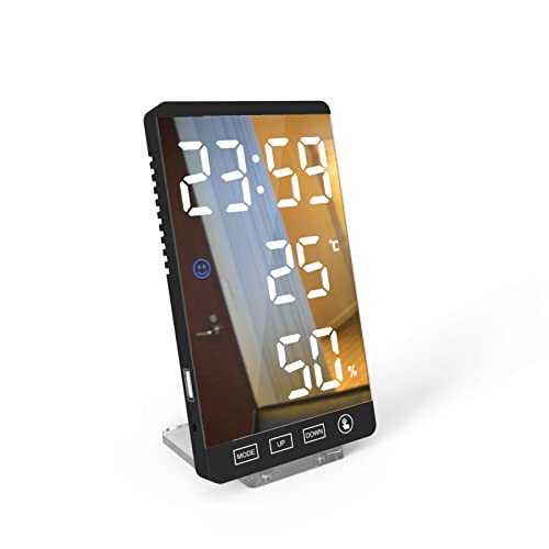 ThreeH Wecker mit Temperatur Luftfeuchtigkeit Smart Clock mit Ladeanschluss Spiegeloberfläche für Heimdekoration Schwarz_Weiß von ThreeH