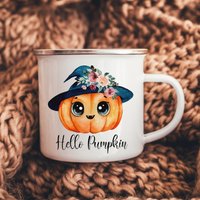 Halloween Personalisierte Emaille Becher, Hallo Kürbis, Camping Geschenk Für Halloween, Herbstzauber, Herbst Tasse, Kaffeebecher Uk von ThreeQuarks