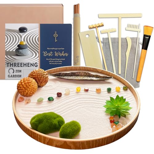 Threeheng Japanisches Zen-Garten-Set für Schreibtisch, Sandtablett, Therapie-Set, Meditationsgeschenke, 30,5 cm großes, rundes Bambus-Tablett von Threeheng