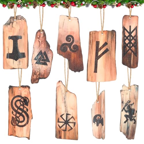 Threehoney 9 Stück Wikinger Rune Yule Ornamente Heidnische Holz Weihnachtsbaum Hängende Dekorationen Naturholz Retro Ornamente für Xmas Party Dekor von Threehoney