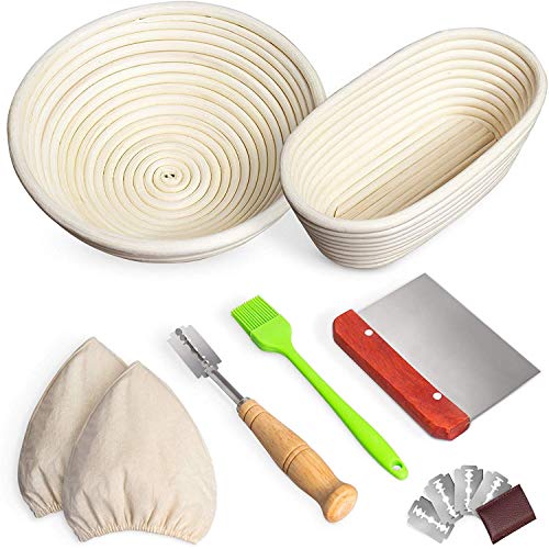 Brotgärkorb, 2er-Set, 22,9 cm, rund und 25,4 cm, oval, Banneton, Sauerteigkörbe mit Brot-Lame + Teigschaber + Leineneinsatz + Backpinsel für Brotherstellung, Backgärung von Thstheaven