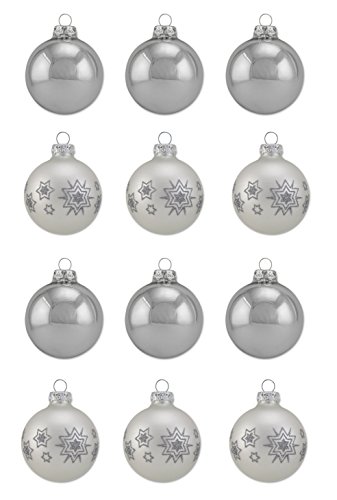Thüringer Glasdesign A012-0808-1310 - 12 teiliges Glaskugel-Sortiment in Silber, Uni glanz und Deko matt mit Dekor Sternenband von Thüringer Glasdesign