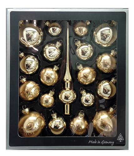 Thüringer Glasdesign - Kugel Set aus Glas inkl. Aufhänger und Spitze, Glanz und matt, Christbaumkugeln, Christbaumschmuck, Dekoration von Thüringer Glasdesign