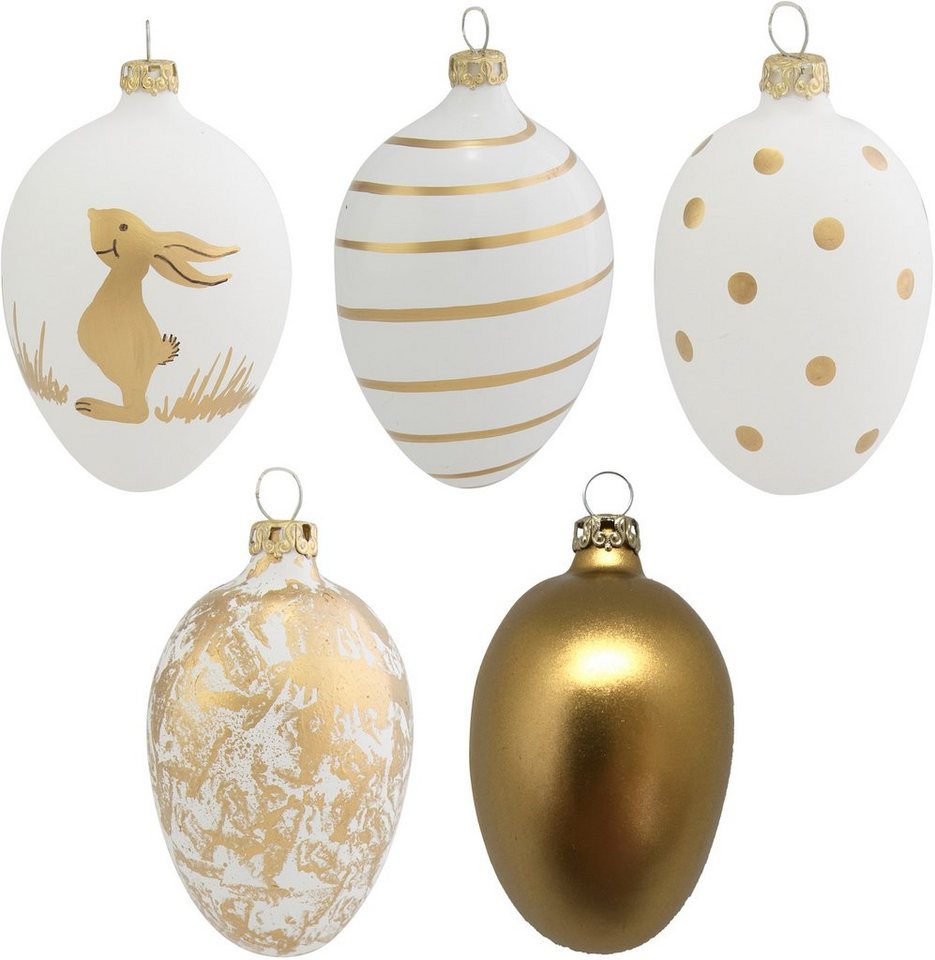 Thüringer Glasdesign Osterei Happy White Eggs (Set, 5 St), Osterdeko, mundgeblasen, handdekoriert von Thüringer Glasdesign