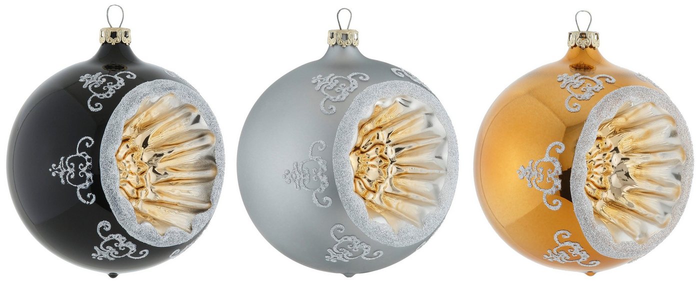 Thüringer Glasdesign Weihnachtsbaumkugel Black&White&Gold, Weihnachtsdeko, Christbaumschmuck (3 St), hochwertige Christbaumkugeln aus Glas, Refelexkugeln von Thüringer Glasdesign
