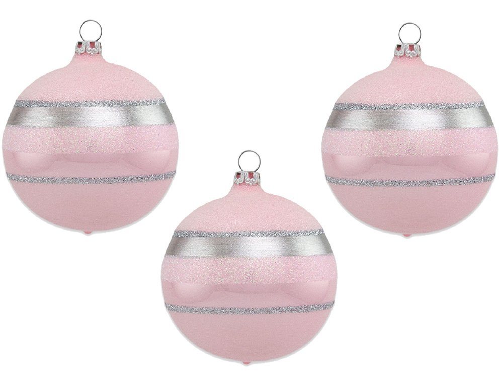 Thüringer Glasdesign Weihnachtsbaumkugel Ø 8 cm - Glitterstreifen Rosa Opal (3 St), aus Glas von Thüringer Glasdesign