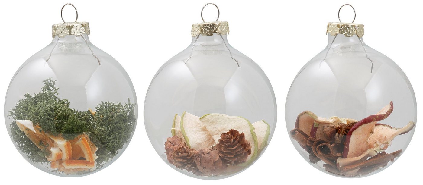 Thüringer Glasdesign Weihnachtsbaumkugel Oh du Fröhliche, Weihnachtsdeko, Christbaumschmuck (3 St), Christbaumkugeln aus Glas, 3-tlg., mit Naturmaterialien, Ø ca. 8 cm von Thüringer Glasdesign