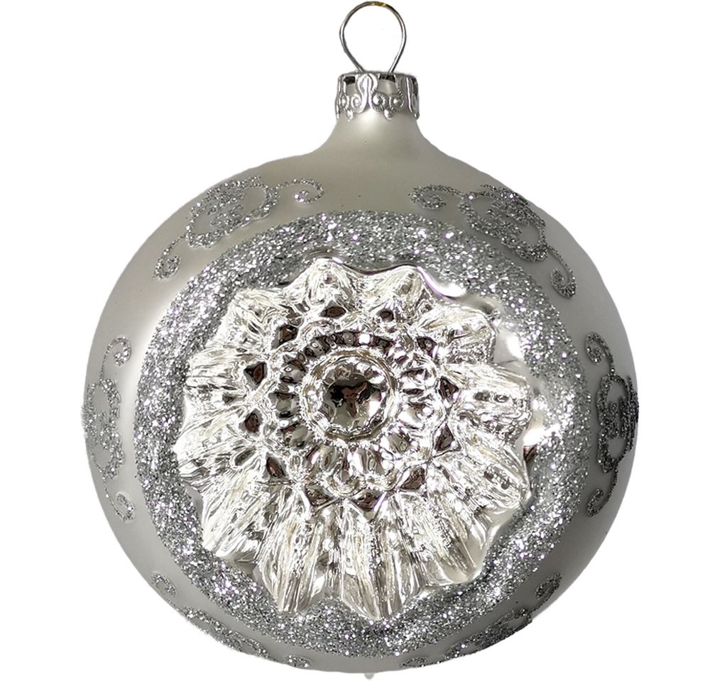 Weihnachtsbaumkugel Reflexkugel, Renaissanceband, silber seidenmatt (1 St), mundgeblasen, handbemalt von Thüringer Glasdesign