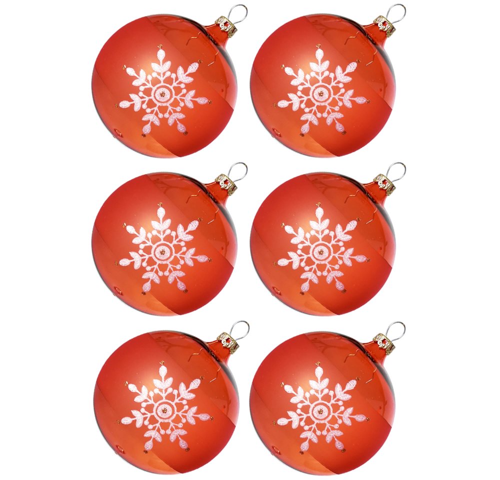 Weihnachtsbaumkugel Weihnachtskugel-Set Kristallblüten orange (6 St), mundgeblasen, handdekoriert von Thüringer Glasdesign