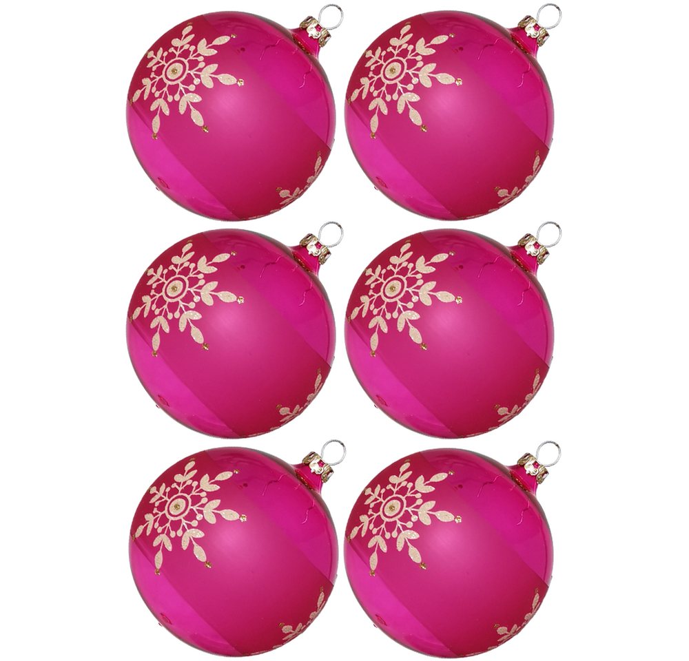 Weihnachtsbaumkugel Weihnachtskugel-Set Kristallblüten pink (6 St), mundgeblasen, handdekoriert von Thüringer Glasdesign