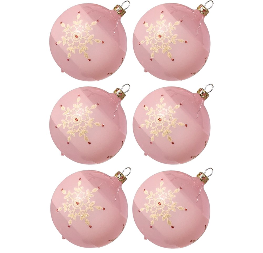 Weihnachtsbaumkugel Weihnachtskugel-Set Kristallblüten rosa (6 St), mundgeblasen, handdekoriert von Thüringer Glasdesign