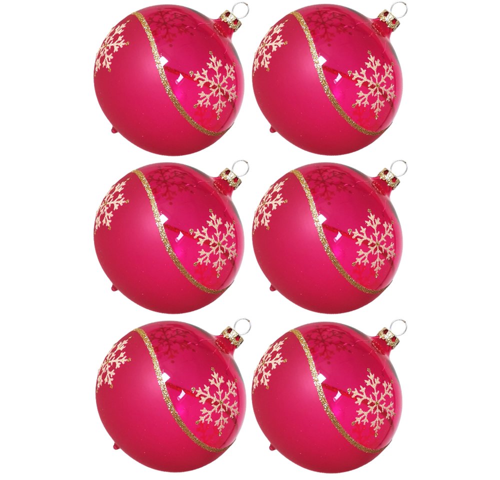 Weihnachtsbaumkugel Weihnachtskugel-Set Kristallwelle, pink (6 St), mundgeblasen, handdekoriert von Thüringer Glasdesign