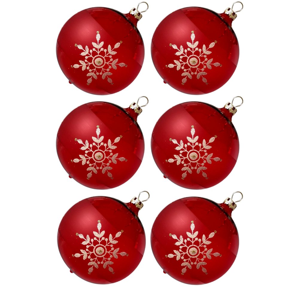 Weihnachtsbaumkugel Weihnachtskugeln-Set Kristallblüten rot, transparent (6 St), mundgeblasen, handdekoriert von Thüringer Glasdesign