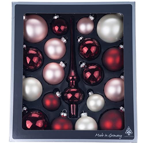 Thüringer Glasdesign Weihnachtskugeln & Christbaumspitze Set 19-TLG | Sortiment Christbaumschmuck Kugeln & Spitze aus Glas | Made in Germany (Rose Garden | Bordeaux rosa weiß) von Thüringer Glasdesign