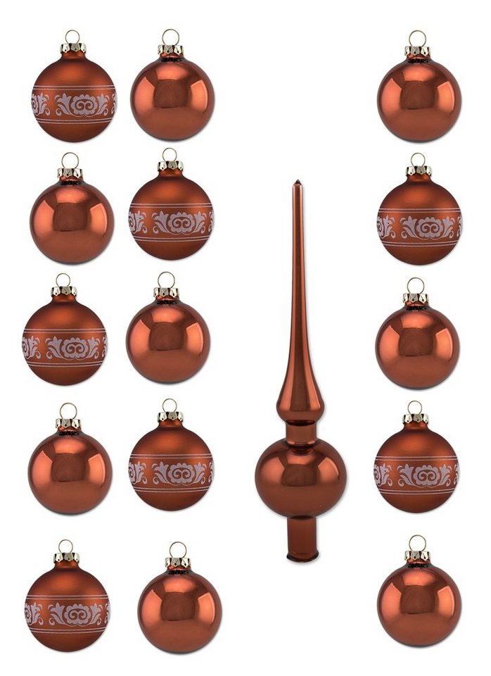 Weihnachtsbaumkugel Kupfer mit Glitzer Dekor Romantikbordüre - Christbaumkugeln mit Christbaumspitze aus Glas Rot Braun (16 St), aus Glas von Thüringer Glasdesign