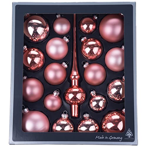 Thüringer Glasdesign Weihnachtskugeln & Christbaumspitze Set 19-TLG | Sortiment Christbaumschmuck Kugeln & Spitze aus Glas | Made in Germany (Shiny Rose | Rosegold rosa) von Thüringer Glasdesign