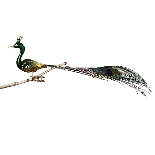 Glas-Vogel, Pfau mit echter Pfauenfeder grün | Glasschmuck Made in Germany aus eigener Herstellung | deko Vogel mit Clip, Glasvogel, echter Lauschaer Christbaumschmuck, für Innenbereich von Glas-Bartholmes