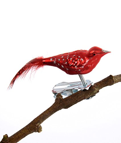 Thüringer Weihnacht 52-023 Glas-Vogel, Mini-Perlhuhn mit Naturfeder, rot, 2 Stück von Thüringer Weihnacht