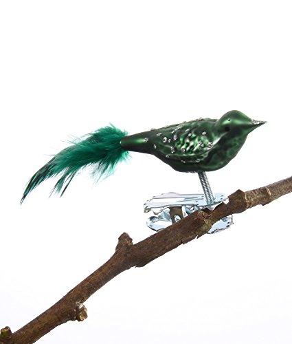 Thüringer Weihnacht 52-024 Glas-Vogel, Mini-Perlhuhn mit Naturfeder, grün, 2 Stück von Glas-Bartholmes