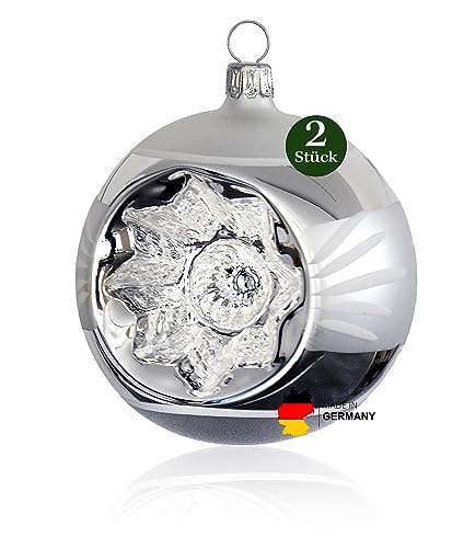 Thüringer Weihnacht 52-075 Christbaumkugel mit Reflex, 8 cm, Nostalgie-Stil Silber/weiß, 2 Stück von Thüringer Weihnacht