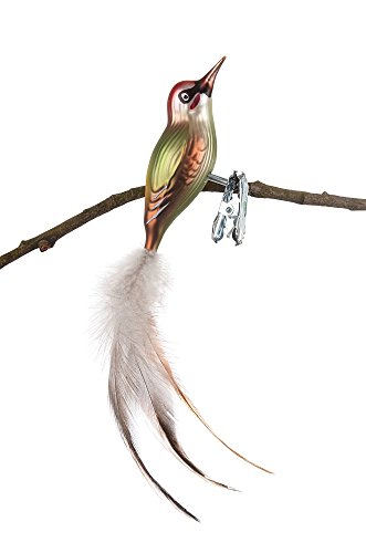 Birds of Glass® Glas-Vogel, Grünspecht mit Naturfeder, Glasschmuck Made in Germany aus eigener Herstellung, deko Vogel mit Clip, Glasvogel, echter Lauschaer Christbaumschmuck, für den Innenbereich von Glas-Bartholmes